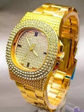 Golden Stone Studded Diamond Wrist Watch For Boys & Men